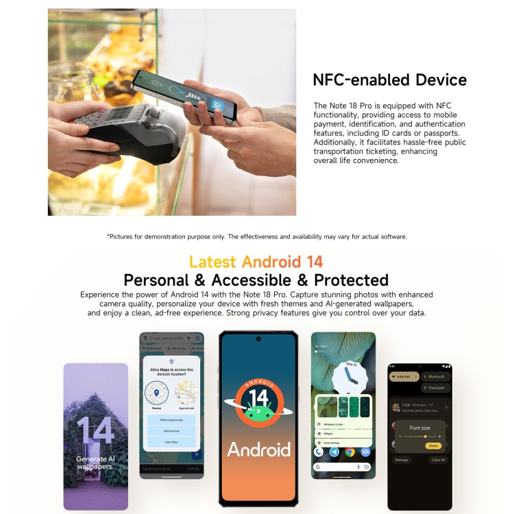 Ulefone Note 18 Pro, 6 GB + 256 GB, Gesichtserkennung & seitlicher Fingerabdrucksensor, 6,78 Zoll, Android 14, MediaTek Helio G91 MTK6769 Octa-Core-Prozessor, Netzwerk: 4G, Dual-SIM, OTG, NFC