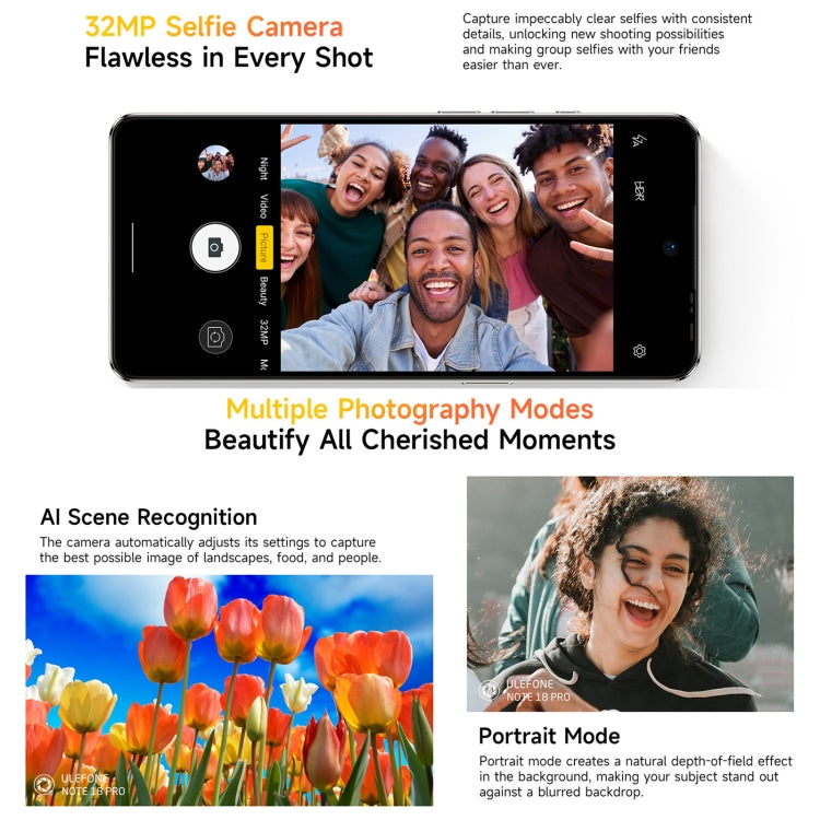 Ulefone Note 18 Pro, 6 GB + 256 GB, Gesichtserkennung & seitlicher Fingerabdrucksensor, 6,78 Zoll, Android 14, MediaTek Helio G91 MTK6769 Octa-Core-Prozessor, Netzwerk: 4G, Dual-SIM, OTG, NFC