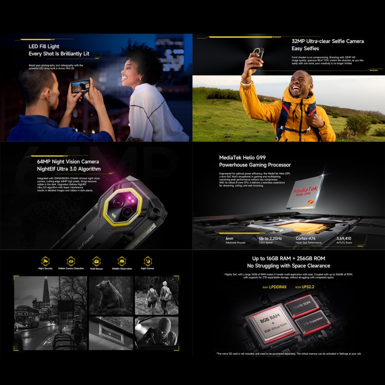 Ulefone Armor Mini 20, Night Vision, 8GB+256GB, IP68/IP69K Rugged Phone, 4.7 inch Android 14 MediaTek Dimensity 6300 Octa Core, Network: 4G, NFC, OTG, Armor Mini 20