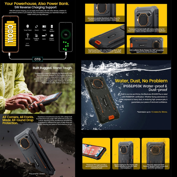 Blackview BV6200 Plus, 8 GB + 256 GB, IP68/IP69K/MIL-STD-810H, 6,56 Zoll, Android 14, Unisoc UMS9230 T606 Octa-Core-Prozessor, Netzwerk: 4G, OTG, NFC