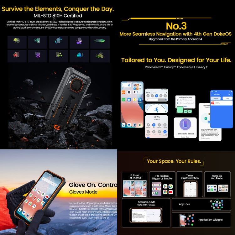 Blackview BV6200 Plus, 8 GB + 256 GB, IP68/IP69K/MIL-STD-810H, 6,56 Zoll, Android 14, Unisoc UMS9230 T606 Octa-Core-Prozessor, Netzwerk: 4G, OTG, NFC
