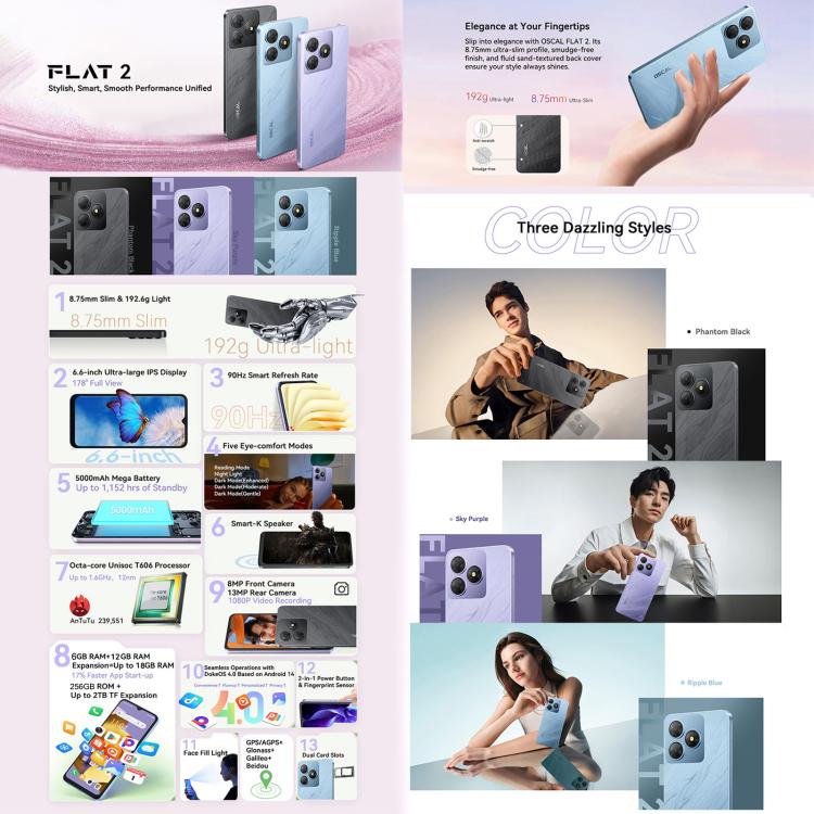 Blackview Oscal FLAT 2, 4 GB + 128 GB, 6,6 Zoll, Android 14, Unisoc T606 Octa-Core-Prozessor, Netzwerk: 4G, 6 GB + 256 GB