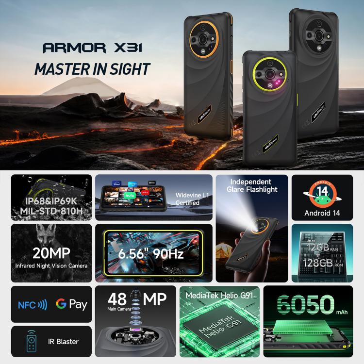 يولفون آرمور X31، 6 جيجابايت+128 جيجابايت، رؤية ليلية، هاتف مقاوم IP68/IP69K، 6.56 بوصة أندرويد 14 ميدياتك هيليو G91 ثماني النواة، الشبكة: 4G، NFC، OTG، آرمور X31