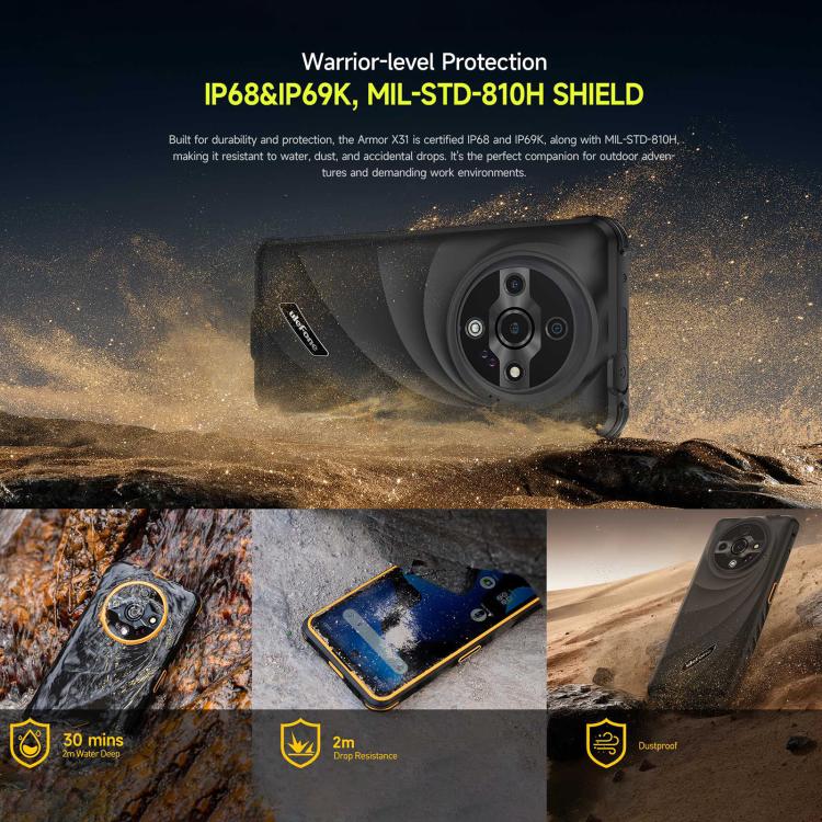 يولفون آرمور X31، 6 جيجابايت+128 جيجابايت، رؤية ليلية، هاتف مقاوم IP68/IP69K، 6.56 بوصة أندرويد 14 ميدياتك هيليو G91 ثماني النواة، الشبكة: 4G، NFC، OTG، آرمور X31