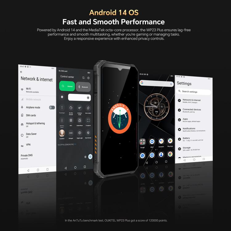 Oukitel WP23 Plus Rugged Phone, 8 GB + 256 GB, 6,52 Zoll, Android 14.0, Unisoc T606 Octa-Core-Prozessor, NFC, OTG, Netzwerk: 4G, WP23 Plus