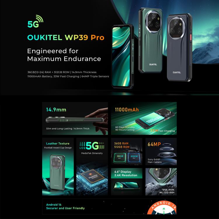 Oukitel WP39 Pro 5G Rugged Phone, 12GB+512GB, Night Vision, Fingerprint Identification, 6.6 inch Android 14 MediaTek Dimensity 6300 Octa Core, NFC, OTG, Network: 5G, WP39 Pro 5G