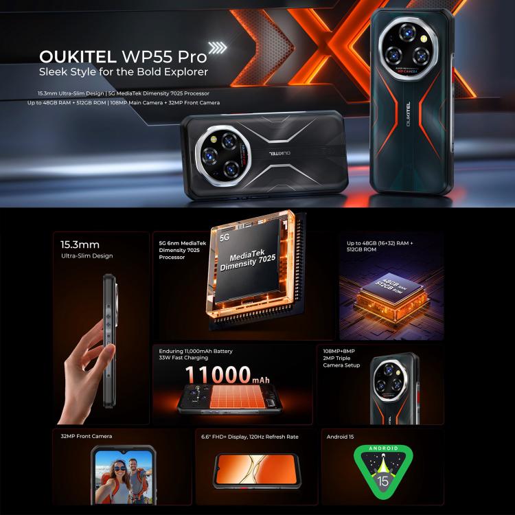 Oukitel WP55 Pro 5G Rugged Phone, 16 GB + 512 GB, 108-MP-Kamera, Fingerabdrucksensor, 6,6 Zoll, Android 15, MediaTek Dimensity 7025 Octa-Core-Prozessor, NFC, OTG, Netzwerk: 5G, WP55 Pro