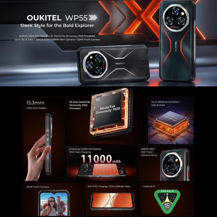 Oukitel WP55 5G Rugged Phone, 12 GB + 256 GB, 108-MP-Kamera, Fingerabdrucksensor, 6,6 Zoll MediaTek Dimensity 7025 Octa-Core-Prozessor, NFC, OTG, Netzwerk: 5G, WP55