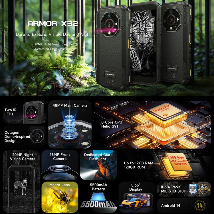 Ulefone Armor X32 Robustes Smartphone, 8 GB + 256 GB, Nachtsicht, 5,65 Zoll, Android 14, MediaTek Helio G91 Octa-Core-Prozessor, Netzwerk: 4G, NFC, OTG