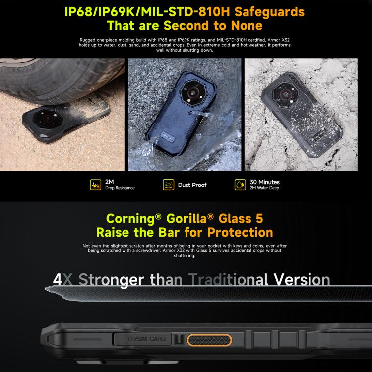 Ulefone Armor X32 Robustes Smartphone, 8 GB + 256 GB, Nachtsicht, 5,65 Zoll, Android 14, MediaTek Helio G91 Octa-Core-Prozessor, Netzwerk: 4G, NFC, OTG