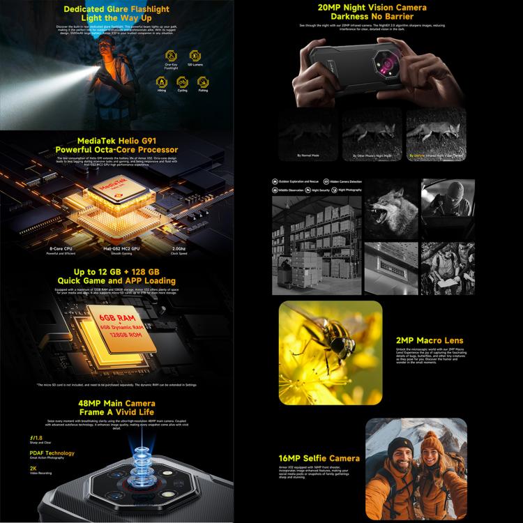 Ulefone Armor X32 Robustes Smartphone, 8 GB + 256 GB, Nachtsicht, 5,65 Zoll, Android 14, MediaTek Helio G91 Octa-Core-Prozessor, Netzwerk: 4G, NFC, OTG