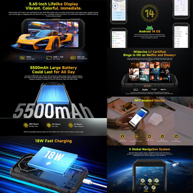Ulefone Armor X32 Robustes Smartphone, 8 GB + 256 GB, Nachtsicht, 5,65 Zoll, Android 14, MediaTek Helio G91 Octa-Core-Prozessor, Netzwerk: 4G, NFC, OTG
