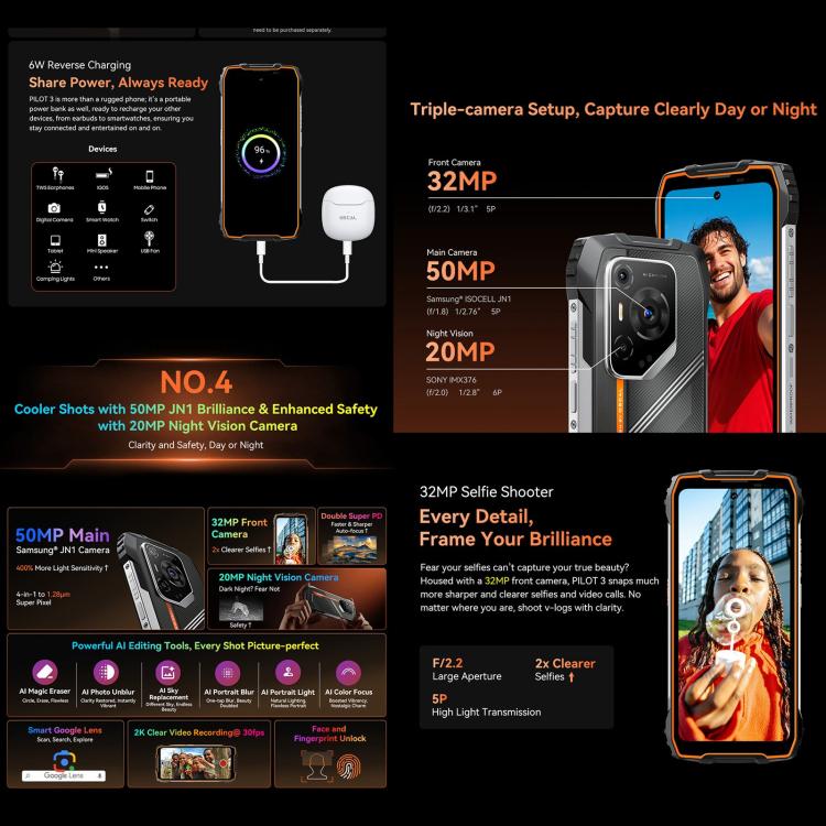 Blackview Oscal Pilot 3 5G Robustes Smartphone, 12 GB + 256 GB, Nachtsichtkamera, 6,56 Zoll, Android 15, MediaTek Dimensity 6300 Octa-Core-Prozessor, Netzwerk: 5G, OTG, NFC