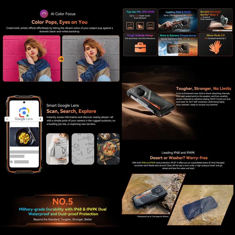 Blackview Oscal Pilot 3 5G Robustes Smartphone, 12 GB + 256 GB, Nachtsichtkamera, 6,56 Zoll, Android 15, MediaTek Dimensity 6300 Octa-Core-Prozessor, Netzwerk: 5G, OTG, NFC