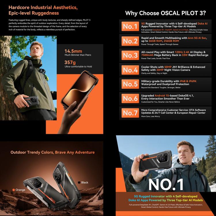 Blackview Oscal Pilot 3 5G Robustes Smartphone, 12 GB + 256 GB, Nachtsichtkamera, 6,56 Zoll, Android 15, MediaTek Dimensity 6300 Octa-Core-Prozessor, Netzwerk: 5G, OTG, NFC