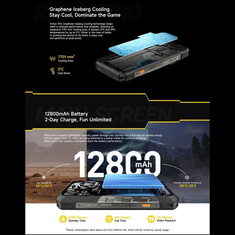 يولفون آرمور 30، 12 جيجابايت + 512 جيجابايت، رؤية ليلية، هاتف مقاوم بمعيار IP68/IP69K، شاشة 6.95 بوصة أندرويد 15 ميدياتك هيليو G100 ثماني النواة، شبكة: 4G، NFC، OTG، آرمور 30