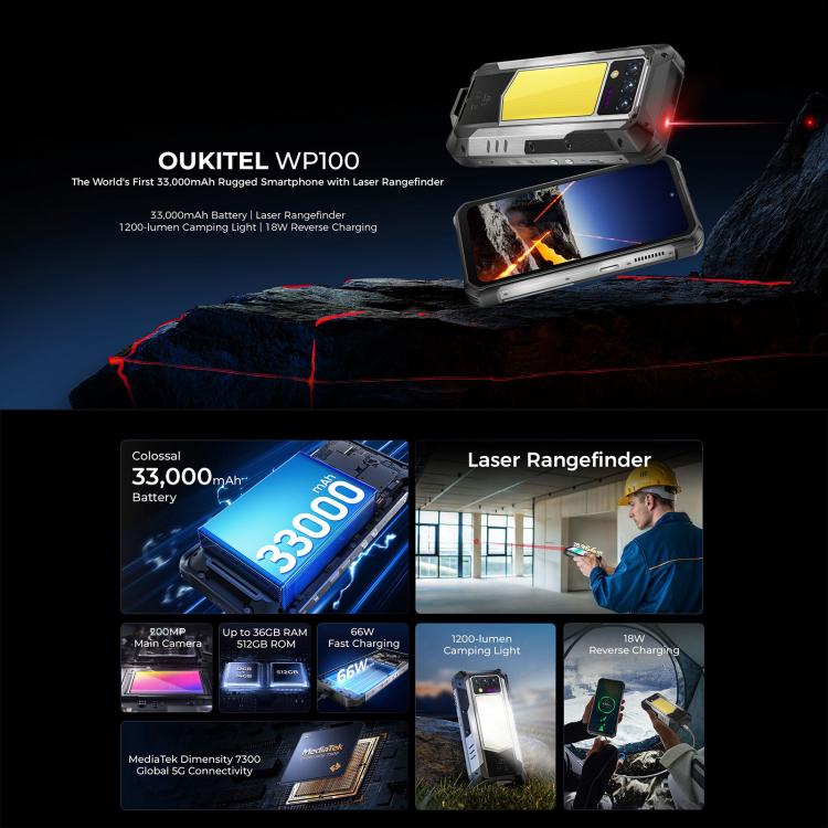 Oukitel WP100 Robustes Smartphone mit Laser-Entfernungsmesser, 12 GB + 512 GB, 200-MP-Kamera, Fingerabdrucksensor, 6,8 Zoll, Android 14, MediaTek Dimensity 7300 Octa-Core-Prozessor, NFC, OTG, Netzwerk: 5G, WP100