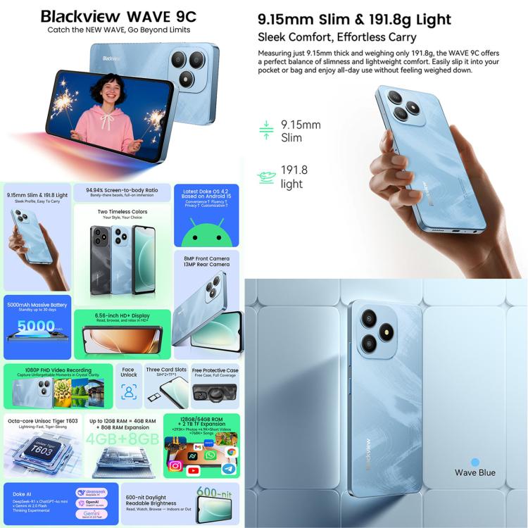 Blackview WAVE 9C, 4 GB + 64 GB, 6,56 Zoll, Android 15, Unisoc T603 SC9863A Octa-Core-Prozessor, Netzwerk: 4G, OTG, 4 GB + 64 GB