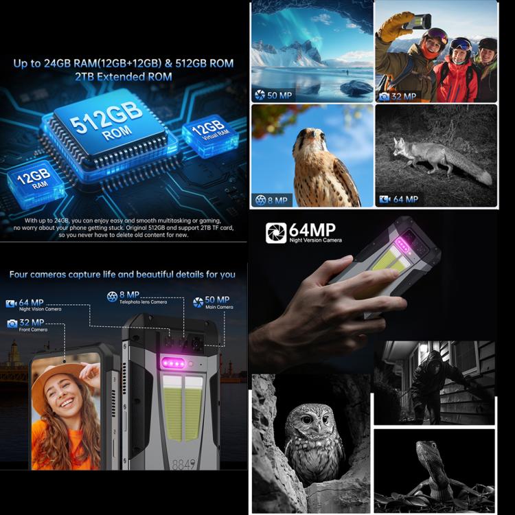 Unihertz 8849 Tank 4 Night Vision Projector Rugged Phone, 12GB+512GB, 6.78 inch Android 14 Dimensity 7300 MT6878 Octa Core, Network: 5G, NFC, Tank 4 12GB+512GB