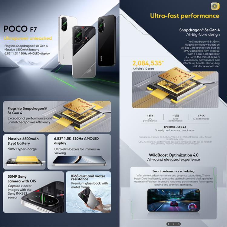 شاومي بوكو F7 العالمي، 12GB+256GB، بصمة إصبع مدمجة في الشاشة، شاشة 6.83 بوصة، شاومي HyperOS 2، سنابدراجون 8s الجيل الرابع ثماني النواة، NFC، شبكة: 5G، 12GB+256GB