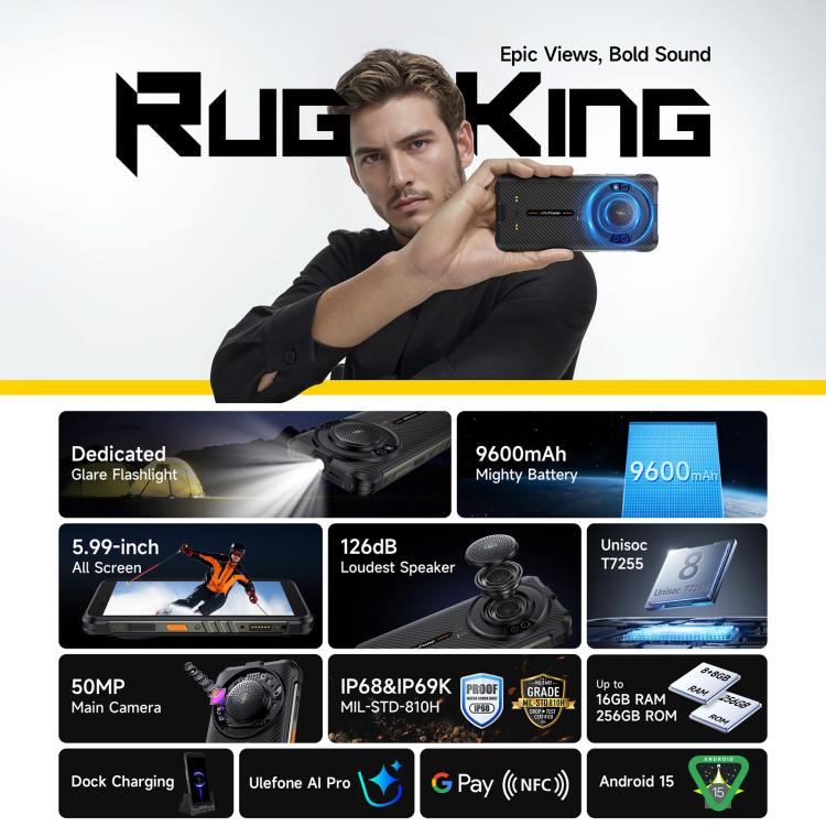 Ulefone RugKing, 8GB+256GB, IP68/IP69K Rugged Phone, 5.99 inch Android 15 Unisoc T7255 Octa Core, Network: 4G, NFC, OTG, RugKing