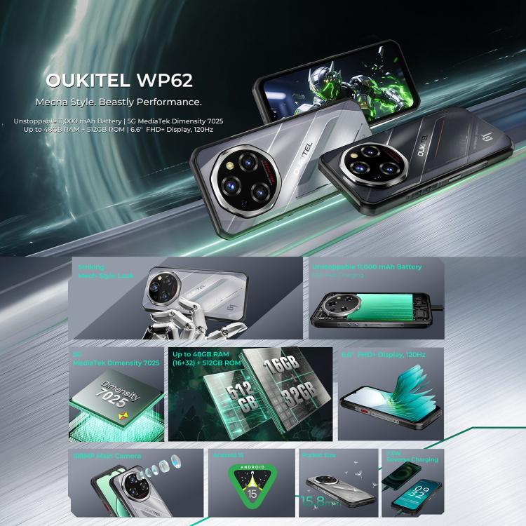 Oukitel WP62 Rugged Phone, 16GB+512GB, 108MP Camera, Fingerprint Identification, 6.6 inch Android 15 MediaTek Dimensity 7025 Octa Core, NFC, OTG, Network: 5G, 16GB+512GB