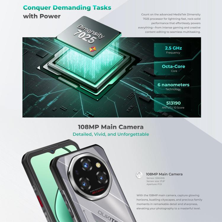 Oukitel WP62 Rugged Phone, 16GB+512GB, 108MP Camera, Fingerprint Identification, 6.6 inch Android 15 MediaTek Dimensity 7025 Octa Core, NFC, OTG, Network: 5G, 16GB+512GB