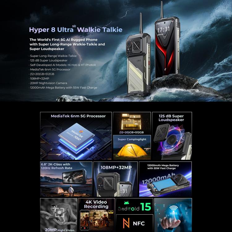 HOTWAV Hyper 8 Ultra Walkie-talkie Rugged Phone, 12GB+512GB, 6.8 inch Android 15 MediaTek MT8791 Dimensity 7050 Octa Core, Network: 5G, OTG, NFC, Hyper 8 Ultra