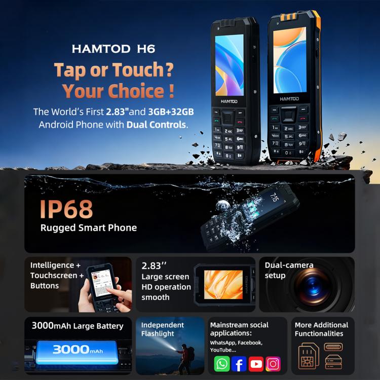 HAMTOD H6 Rugged Phone, 3GB+32GB, 2.83 inch Android 11 UNISOC SC9832E Quad-core, Network: 4G, VoLTE, SOS