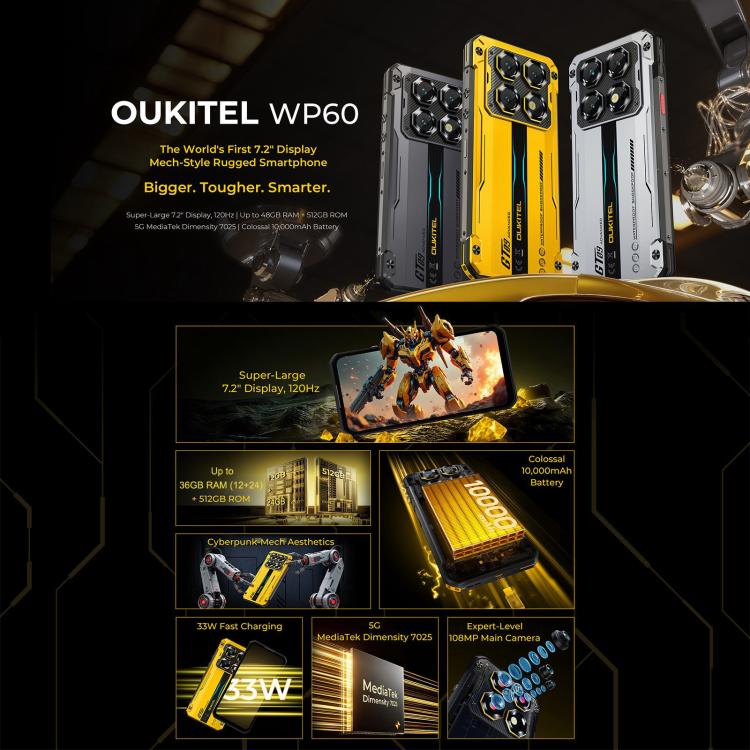 Oukitel WP60 Rugged Phone, 12GB+512GB, Night Vision, 108MP Camera, Side Fingerprint, 7.2 inch Android 15 MediaTek Dimensity 7025 Octa Core, NFC, OTG, Network: 5G, 12GB+512GB