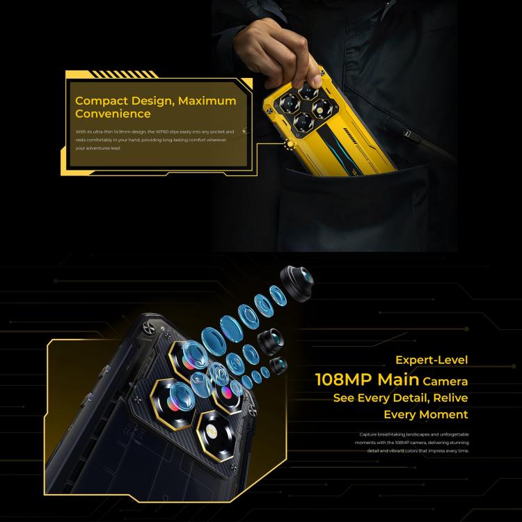 Oukitel WP60 Rugged Phone, 12GB+512GB, Night Vision, 108MP Camera, Side Fingerprint, 7.2 inch Android 15 MediaTek Dimensity 7025 Octa Core, NFC, OTG, Network: 5G, 12GB+512GB