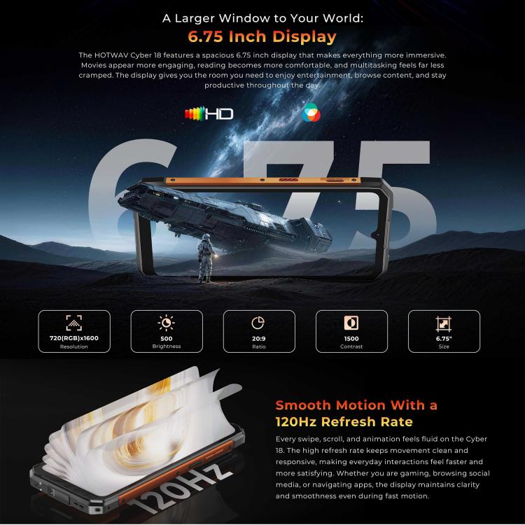 HOTWAV Cyber 18 Rugged Phone, 8GB+256GB, 6.75 inch Android 16 Unisoc T7250 UMS9230E Octa Core, Network: 4G, NFC, OTG, Cyber 18