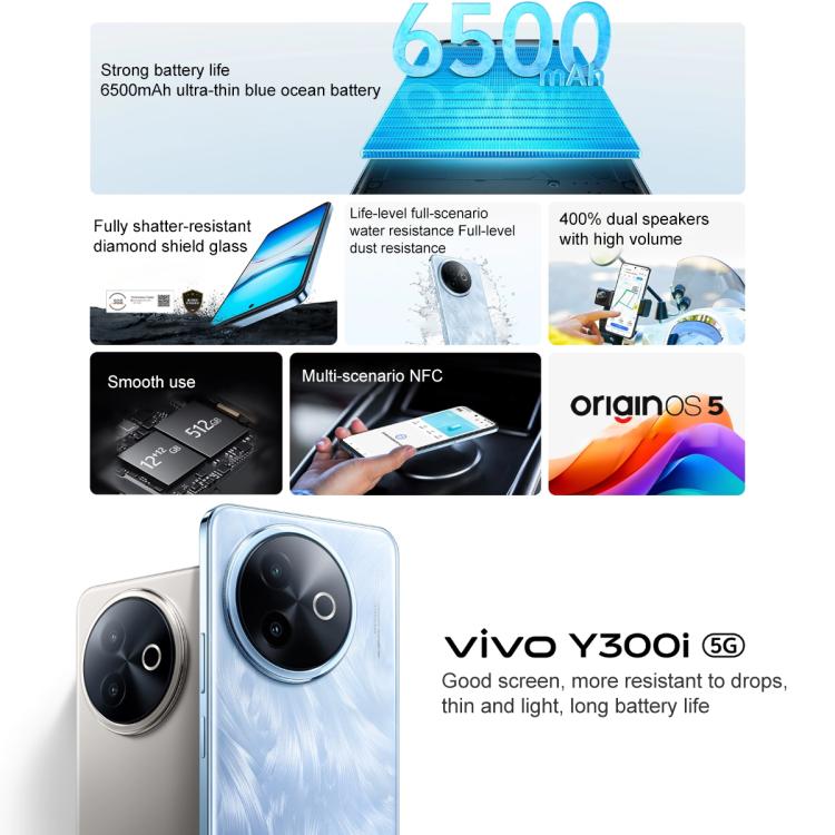 vivo Y300i, 12GB+512GB, Face ID / Side Fingerprint, 6.68 inch Android 15 OriginOS 5 Snapdragon 4 Gen 2 Octa Core, OTG, NFC, Network: 5G, 12GB+512GB