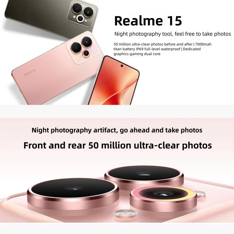 Realme 15, 8GB+256GB, 6.77 inch Realme UI 6.0 Android 15 MediaTek Dimensity 7300+ Octa Core, NFC, Network: 5G, 8GB+256GB