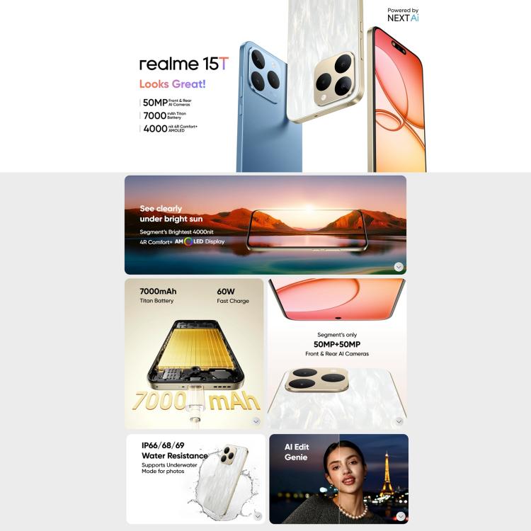 Realme 15T, 12GB+512GB, Screen Fingerprint Identification, 6.57 inch Realme UI 6.0 Android 15 MediaTek Dimensity 6400 Max Octa Core, NFC, Network: 5G, 12GB+512GB
