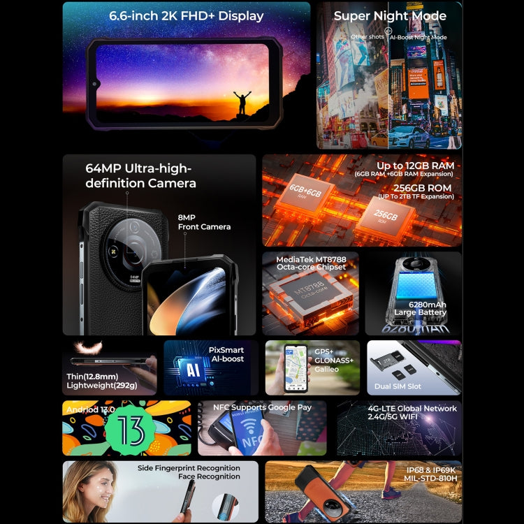 HOTWAV T7 Rugged Phone, 6GB+256GB, 6280mAh, 6.6 inch Android 13 MT8788 Octa Core, Network: 4G, OTG
