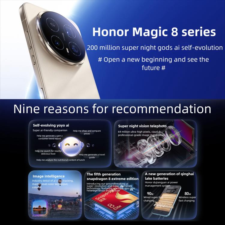 Honor Magic8, 12GB+512GB, Screen Fingerprint, 6.58 inch MagicOS 10.0 / Android 16 Snapdragon 8 Elite Gen 5th Octa Core, Network: 5G, NFC, OTG, 12GB+512GB