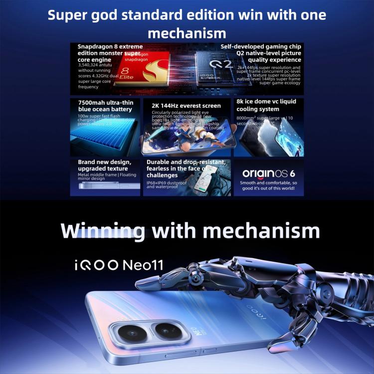 هاتف vivo iQOO Neo11، 12GB+512GB، التعرف على الوجه / بصمة الشاشة، شاشة 6.82 بوصة أندرويد 16 OriginOS 6 معالج Snapdragon 8 Elite ثماني النواة، OTG، NFC، شبكة: 5G، iQOO Neo11، 12GB+512GB