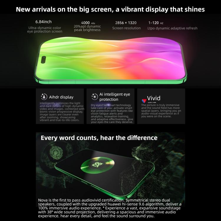 Huawei nova 15 Pro، زجاج كونلون، 12 جيجابايت + 256 جيجابايت، التعرف على بصمة جانبية، 6.84 بوصة HarmonyOS 6.0 Kirin 9010S ثماني النواة، NFC، OTG، لا يدعم Google Play، 12 جيجابايت + 256 جيجابايت