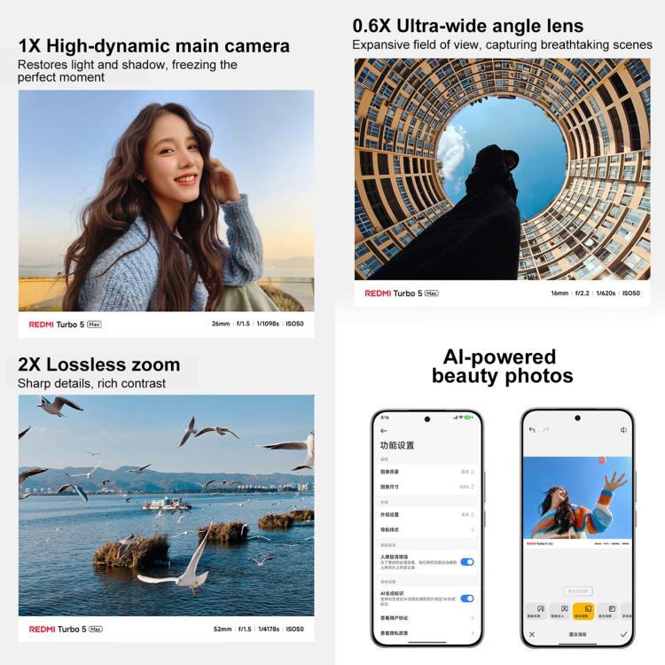 شاومي REDMI Turbo 5 Max، 12GB+512GB، شاشة 6.83 بوصة، Xiaomi HyperOS 3، Dimensity 9500s ثماني النواة، NFC، شبكة: 5G، 12GB+512GB