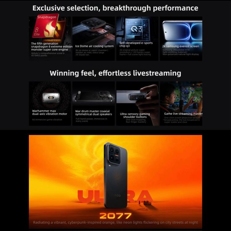 فيفو iQOO 15 Ultra، 16 جيجابايت + 512 جيجابايت، بصمة ثلاثية الأبعاد بالموجات فوق الصوتية، شاشة 6.85 بوصة، أندرويد 16، OriginOS 6، Snapdragon 8 Elite الجيل 5 ثماني النواة، OTG، NFC، شبكة: 5G، يدعم Google Play، 16 جيجابايت + 512 جيجابايت