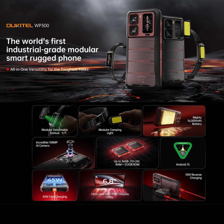 Oukitel WP300 Rugged Phone mit Smartwatch, 12 GB + 512 GB, 6,8 Zoll, Android 15, MediaTek Dimensity 7050 Octa-Core-Prozessor, NFC, OTG, 5G-Netzwerk