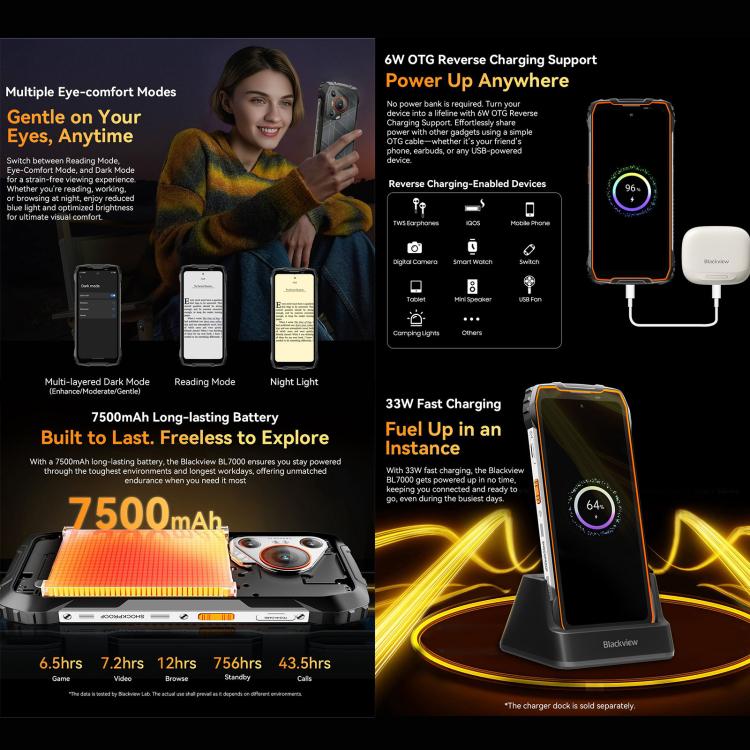 Blackview BL7000 Rugged Phone, 8 GB + 256 GB, 6,78 Zoll, Android 15, MediaTek Dimensity 6300 Octa-Core, Netzwerk: 5G, NFC, OTG