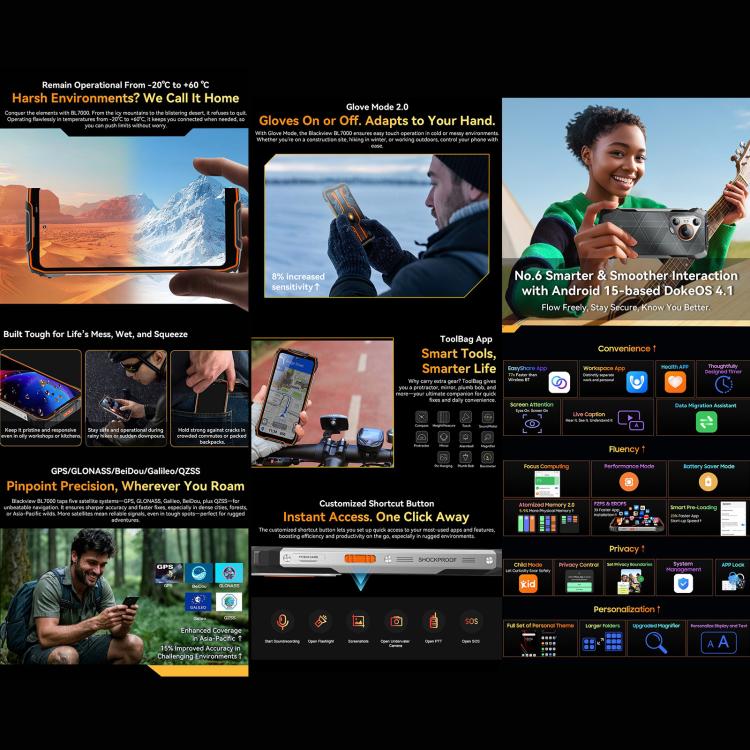 Blackview BL7000 Rugged Phone, 8 GB + 256 GB, 6,78 Zoll, Android 15, MediaTek Dimensity 6300 Octa-Core, Netzwerk: 5G, NFC, OTG