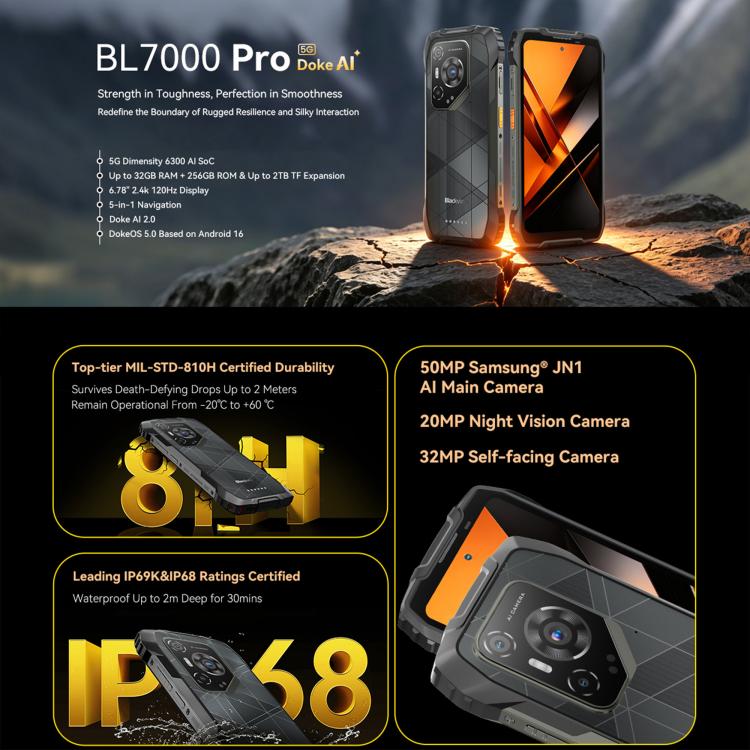 هاتف بلاكفيو BL7000 مقاوم، 8GB+256GB، شاشة 6.78 بوصة، أندرويد 15، معالج ميديا تيك Dimensity 6300 ثماني النواة، شبكة 5G، NFC، OTG، 8GB+256GB