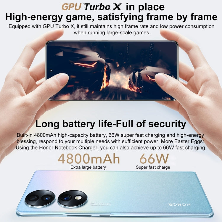 Triple Back Cameras, Screen Fingerprint Identification,  6.67 inch Magic UI 6.1 Qualcomm Snapdragon 778G Plus Octa Core up to 2.5GHz, Network: 5G, OTG, NFC, Not Support Google Play, Honor 70 5G 12GB+512GB