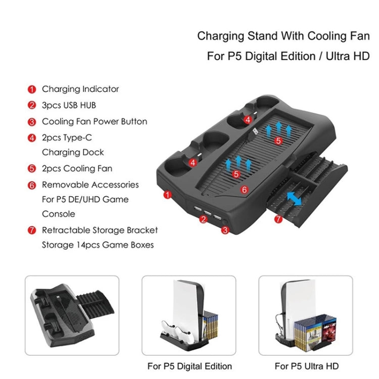 KJH P5-010-2 Multi-function Charging Cooling Fan Base with Storage Tray Bracket For PS5 De / UHD, KJH P5-010-2