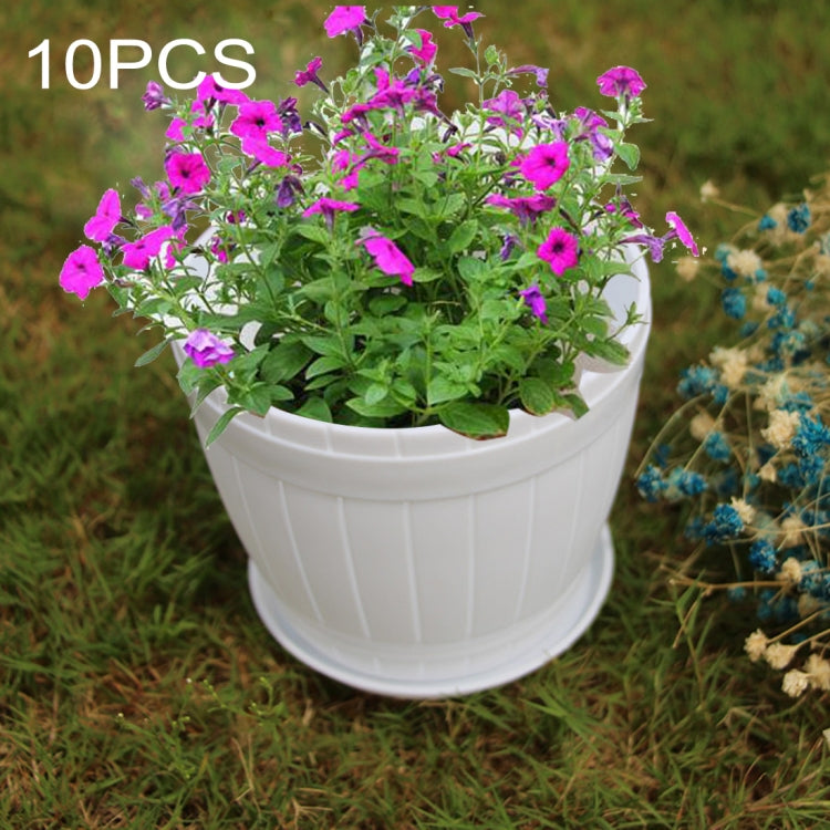 10 PCS Imitation Wooden Barrel Plastic Resin Flower Pot with Tray, Top Diameter: 9cm, Height: 6.5cm, Top Diameter: 9cm