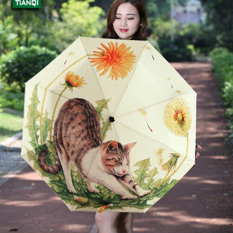 Creative Fashion Three Fold Lazy Cat Pattern Silver Tape Anti Ultraviolet Sunshade Umbrella, Cat Pattern Silver Tape Umbrella