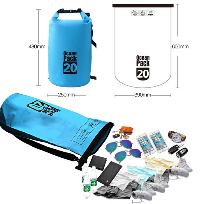 Outdoor Waterproof Double Shoulder Bag Dry Sack PVC Barrel Bag, Capacity: 20L, Capacity: 20L (Black), Capacity: 20L (Dark Blue), Capacity: 20L (Orange), Capacity: 20L (Pink), Capacity: 20L (Green), Capacity: 20L (Sky Blue), Capacity: 20L (Yellow)